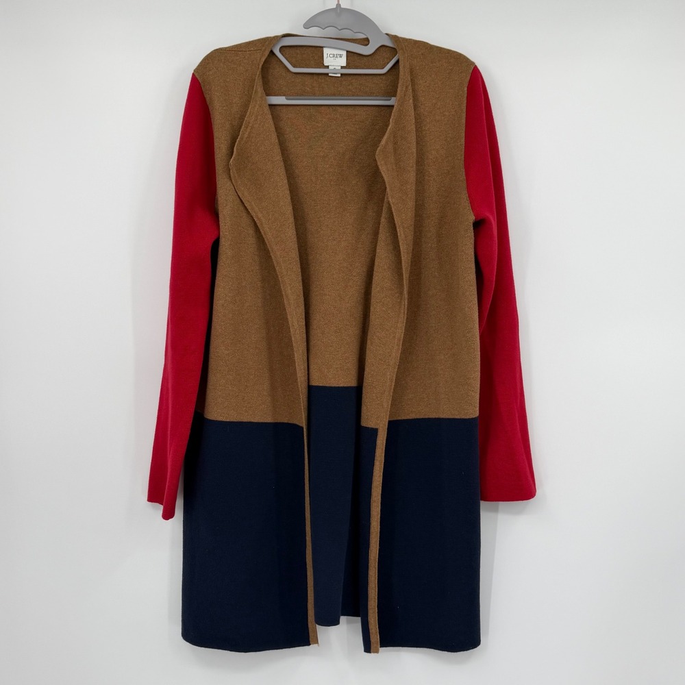 J.Crew Womens Colorblock Open Front Cardigan Brown Navy Red 100% Cotton S